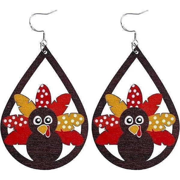 Thanksgiving Outfit Women - Thanks Giving Earrings | Reversible Double-Side Print Turkey | Thanksgiving Shirts Dress for Women - Friendsgiving Sweatshirts Pajamas Party Decor Dangle Drop Earrings