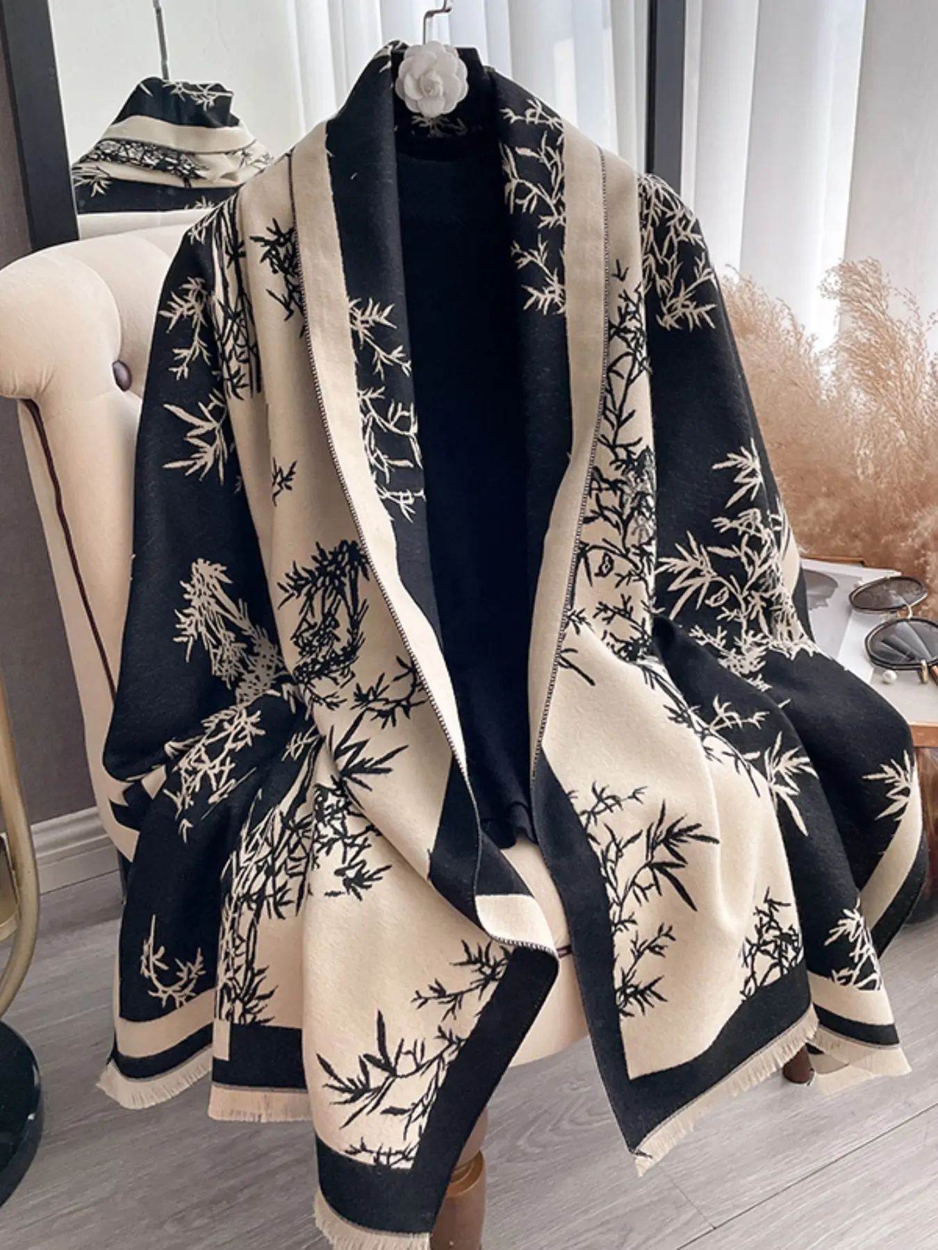 Women's Boho Plant Pattern Scarf, Faux Cashmere Winter Shawl, Thickened Fall & Winter Accessory, Casual Daily Wear Warm Wrap