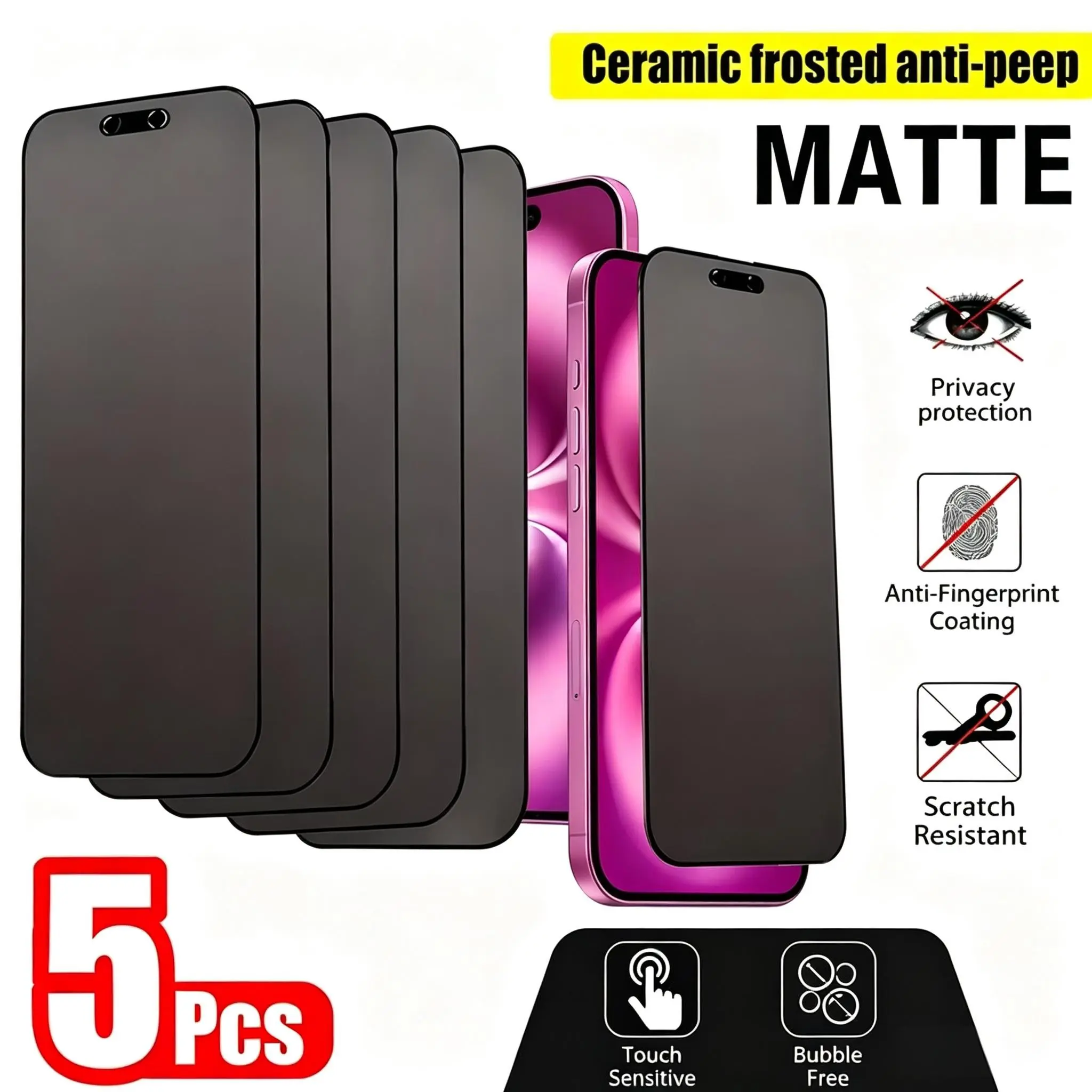 5-Pack Frosted Ceramic Privacy Screen Protector for iPhone 17 Pro Max/16 Pro Max/15 Pro Max/14/13/12/11, Anti-Fingerprint, Scratch-Resistant, Shockproof, Anti-Glare