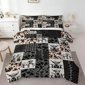 2/3PCS Western Highland Cow Patchwork Comforter Set for Farm Lovers, Rustic Cow Print Quilt Bedding Set with Pillowcases, Perfect Gift for Country Style Bedroom Cabin & Dorm Decor, Holiday Choice