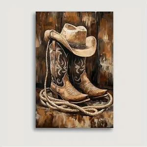 1pc Wooden Framed Canvas Cowboy Boots And Hat Mural, Western Mural, Western Mural Decor, Texas Mural, Manly Oil Painting Style Canvas Print Room Decor, Home Decor, Wall Decor, Bedroom Decor