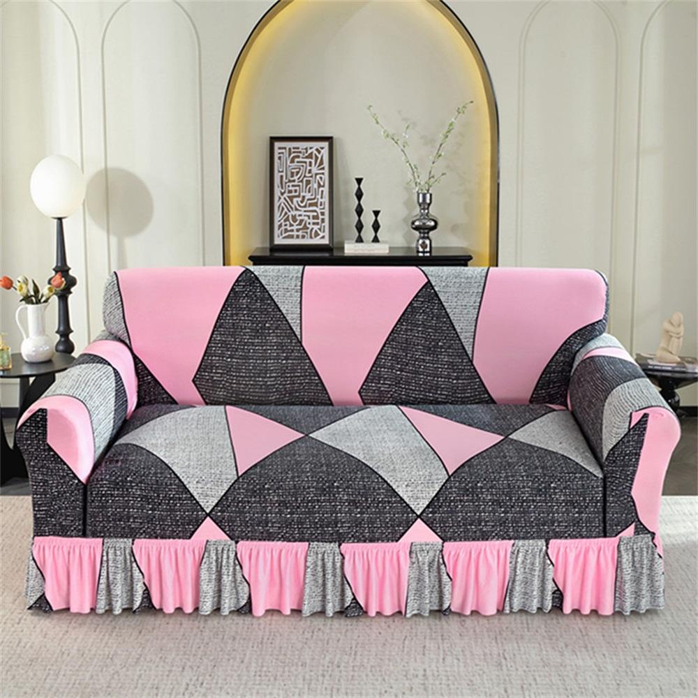Geometric Pattern Stretch Sofa Cover, Couch Cover, 1 Count Elastic Sofa Slipcover with Ruffle Trim, Dustproof Sofa Protector for Home Living Room, Sofa Protector for Home Living Room