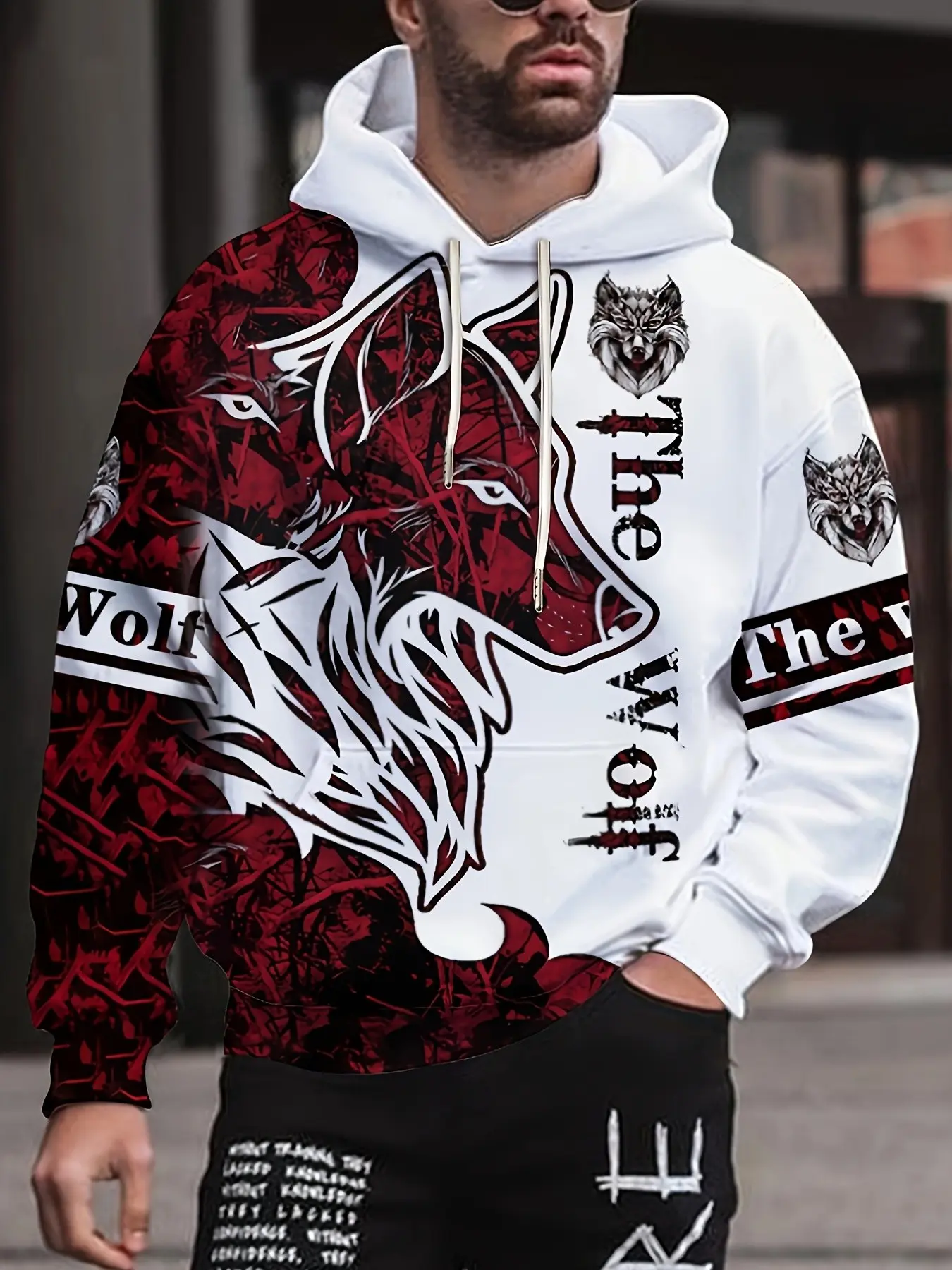 Men's wolf print hooded sweatshirt, stylish and versatile men's top, comfortable and casual men's hooded sweatshirt.