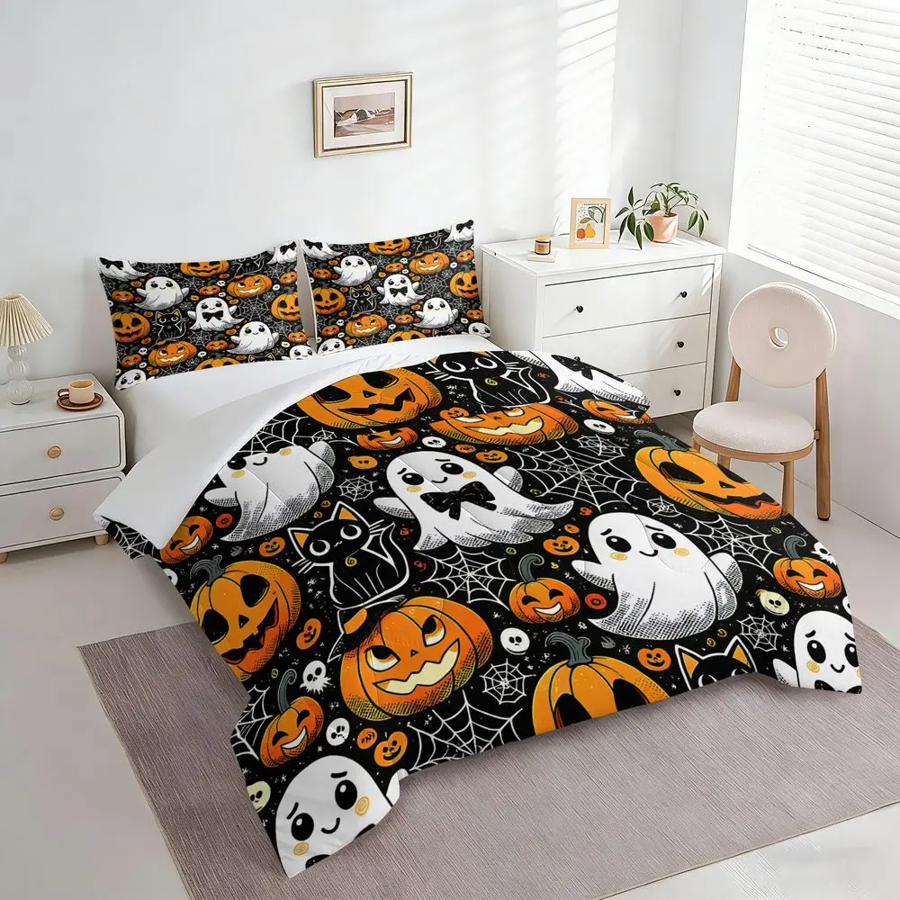 2/3Pcs Halloween Comforter Set Cute Pumpkin Ghost Bedding Set Soft Quilt with Pillowcase Spooky Kawaii Bedroom Decor Kids Holiday Bedspread Gift Full/Queen Size No Pillow Core