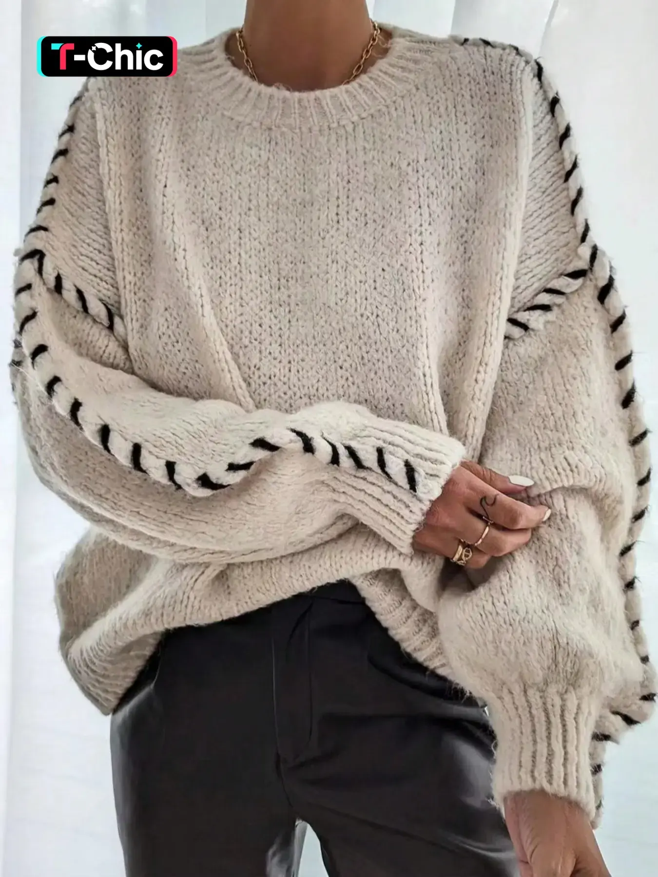 Women's Contrast Binding Drop Shoulder Loose Baggy Stretchy Knitting Sweater, Casual Long Sleeve Round Neck Jumper for Fall & Winter, Fashion Ladies' Knitwear for Daily Wear, Womenswear, Tops