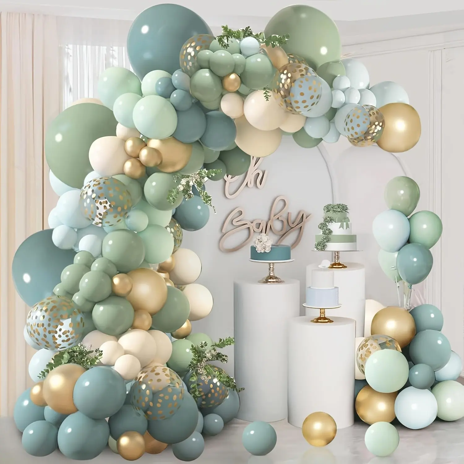 126 Piece Sage Light Blue Balloon Arch Set, Bohemian Style, Includes Sand Confetti Balloons, Wedding Party Decor