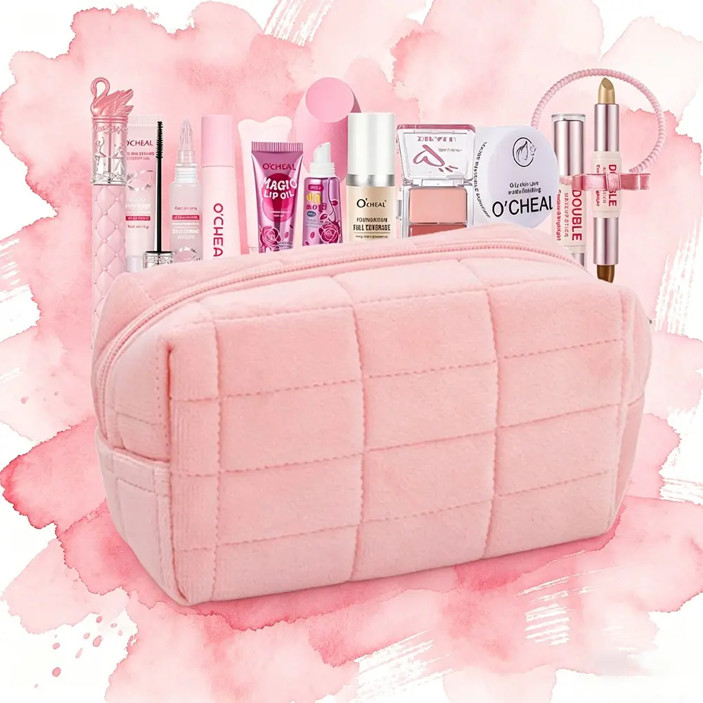 11-Piece Pink Makeup Gift Set, Beauty Kit with Cosmetic Bag | Foundation Mascara Brow Gel Setting Powder Lip Gloss Color-Changing Lip Oil Temperature-Shifting Blush Dual-Ended Contour Stick Beauty Blender Pink Hair Tie | Beauty Essentials Set for Her
