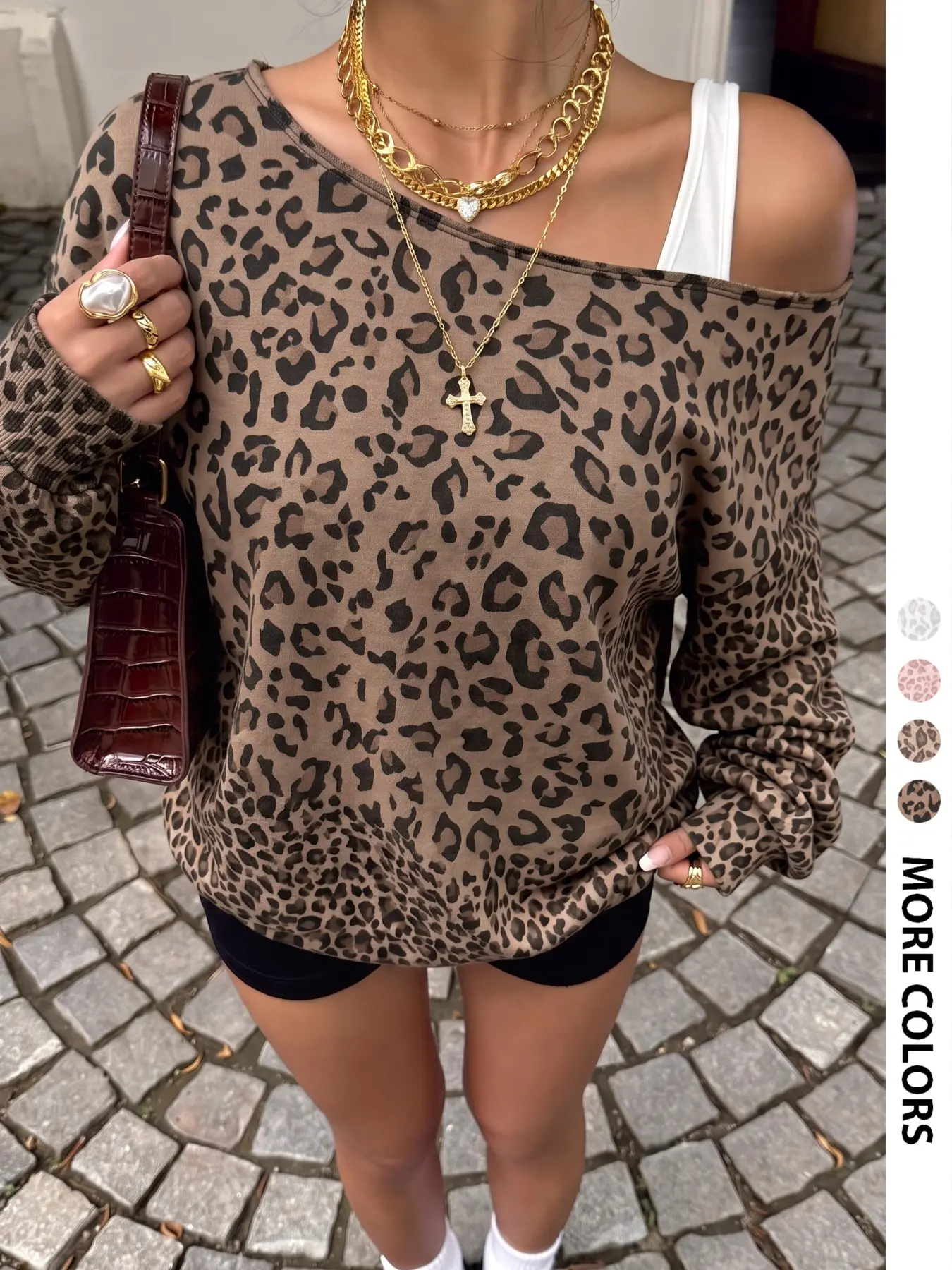 Women Off‑Shoulder Oversized Long Sleeve Sweatshirt, Light Brown Leopard Animal Print Slouchy Wide Neck Loose Fit Pullover, Aesthetic Casual Pullover, Y2K Grunge Streetwear Trendy Casual Fall Top #StreetwearOOTD Autumn Outfits Women