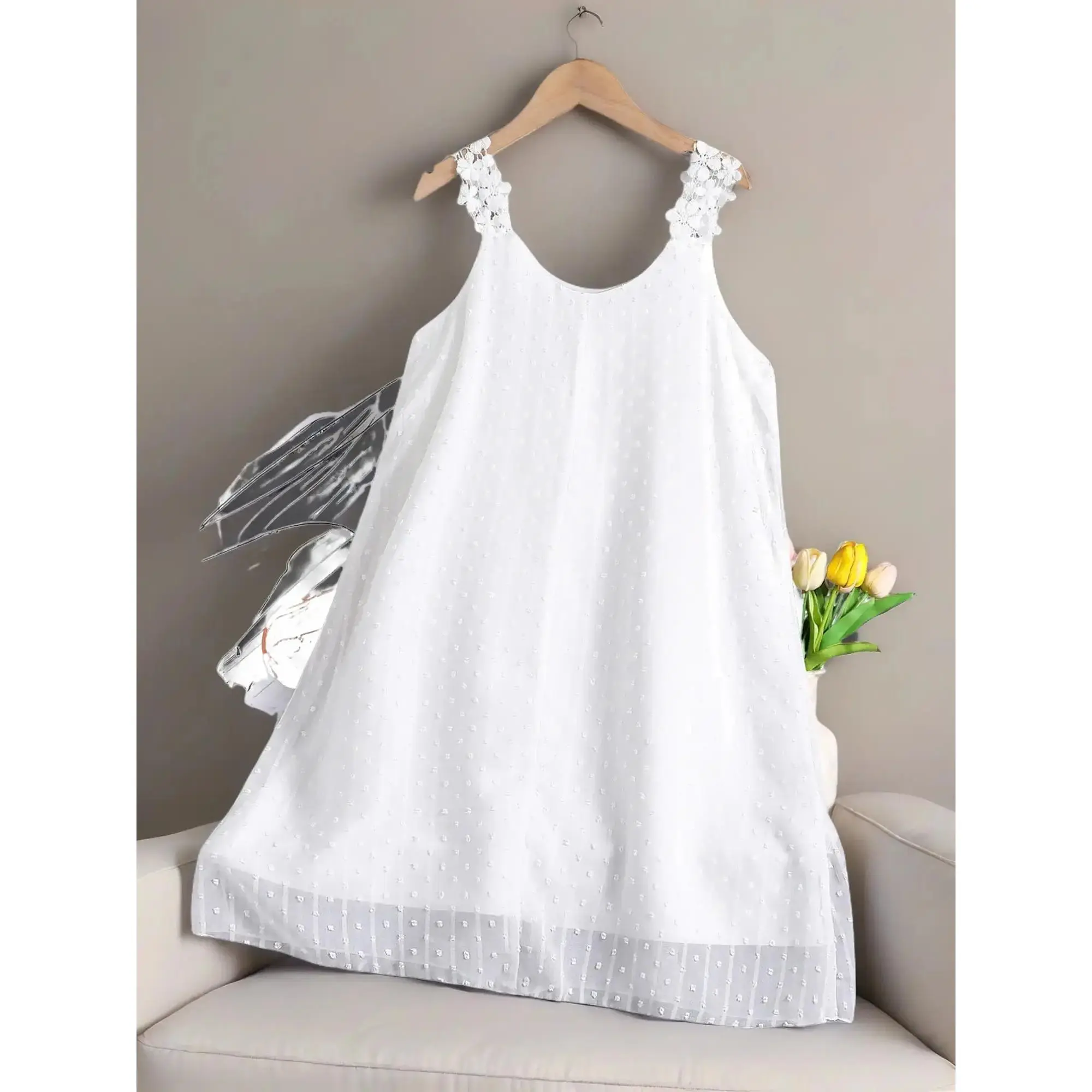 Girls Lace Hollow Out Cami Dress, Sleeveless Tank Dress, Loose Comfortable Stylish Casual Dress for Summer, Lightweight Breathable All-Day Wear