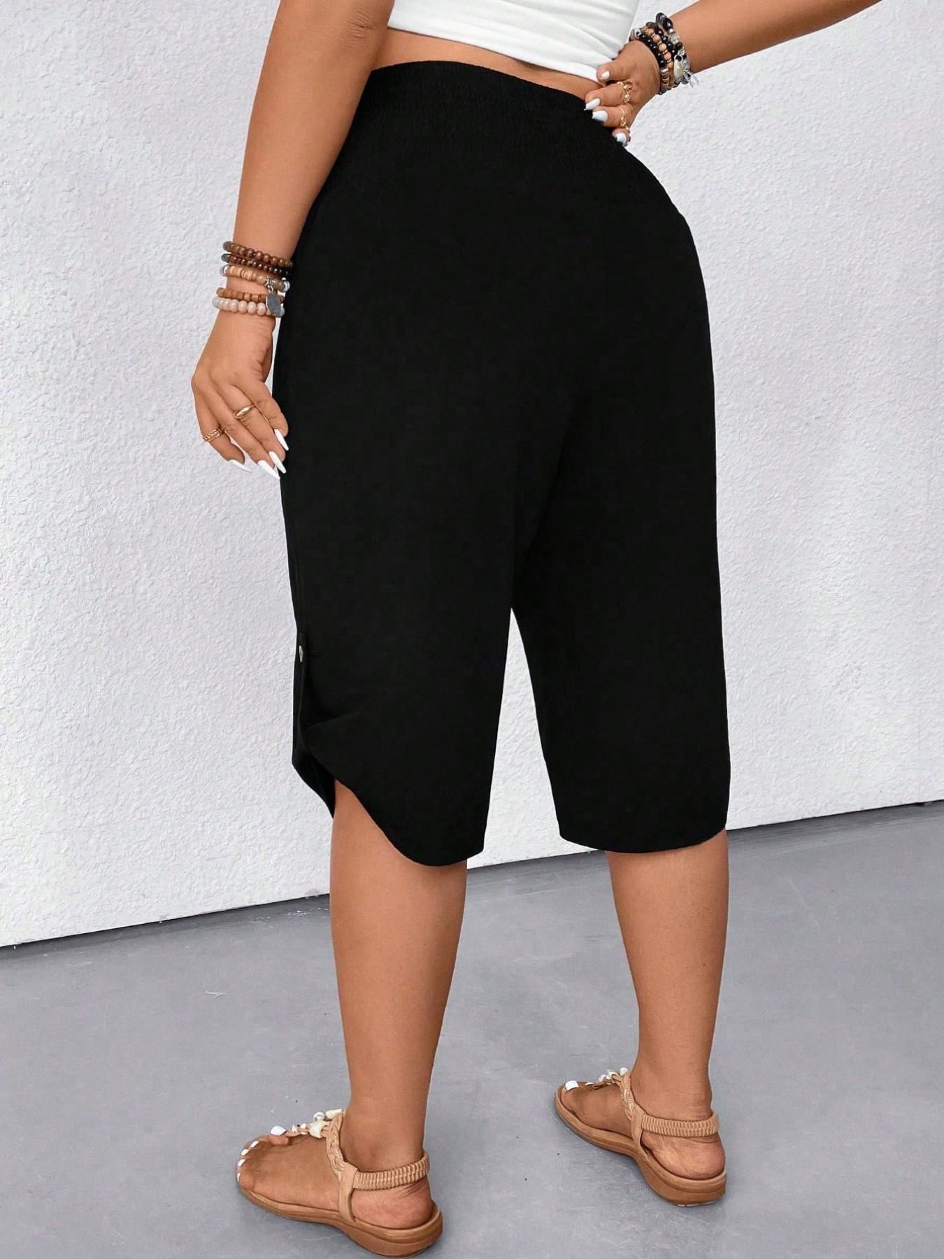 Women's Casual Tummy Control High Waist Fitted Wide Leg Capri Pants Smocked Waist Button Hem Loose Fit Cropped Trousers Summer Shorts Beach Vacation Lounge Daily Work Outfits Solid Black Stretchy Soft Breathable Lightweight Spring Break 2026 Plus Size