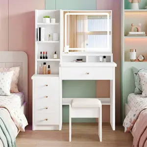 Vanity Desk With Mirror And Lights, 3 Color Lighting Modes Brightness Adjustable, Makeup Vanity Set With Drawers, Stool And Open Shelves, Dressing Table For Bedroom