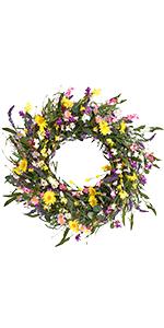 J'FLORU Spring Wreaths for Front Door 22 Inch Artificial Summer Wreath Daisy and Lavender Wreath with Wildflowers for Home Wall Farmhouse Springtime Easter Holiday Party
