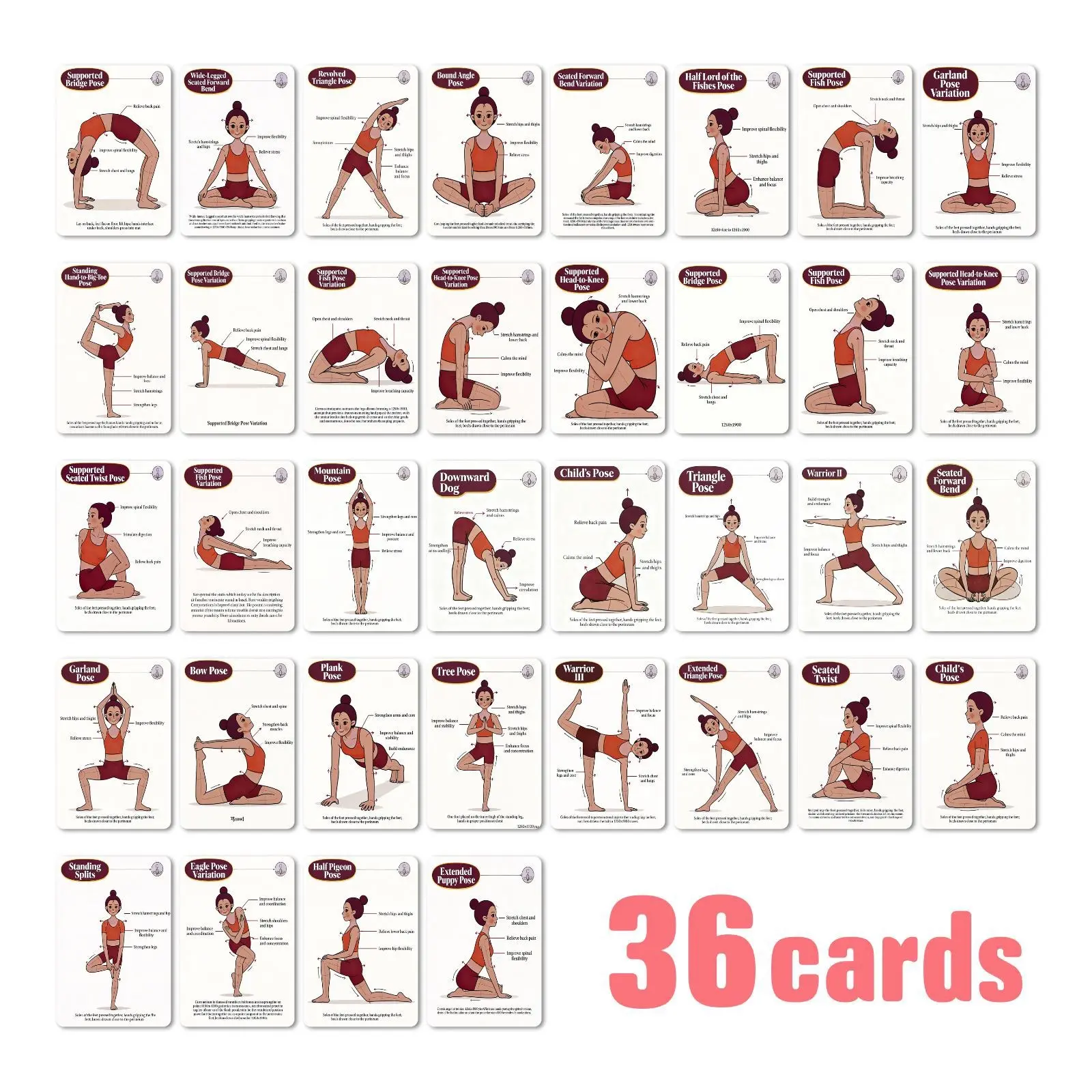 Portable 36-Pose Yoga Flashcards – A beginner's guide and home fitness reference set; an ideal gift for close friends