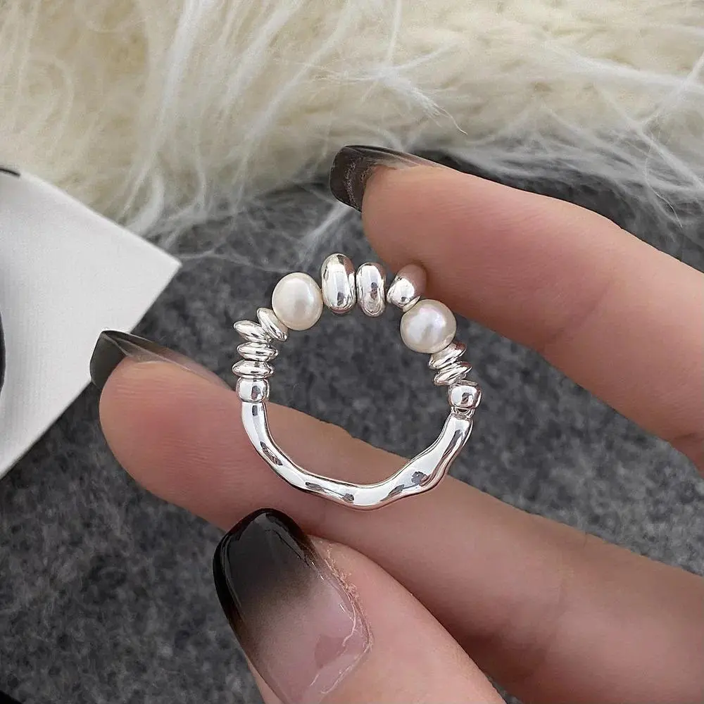 New Simple Real 925 Sterling Silver Freshwater Pearls Round Rings for Women Trendy Adjustable Fine Jewelry Minimalist Accessorie