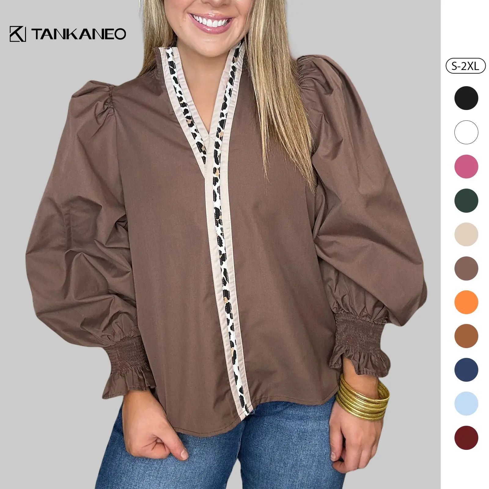 Tankaneo Womens Puff Long Sleeve Blouses Dressy Casual Smocked V Neck Tops Loose Fit Flowy Pleated Shirts