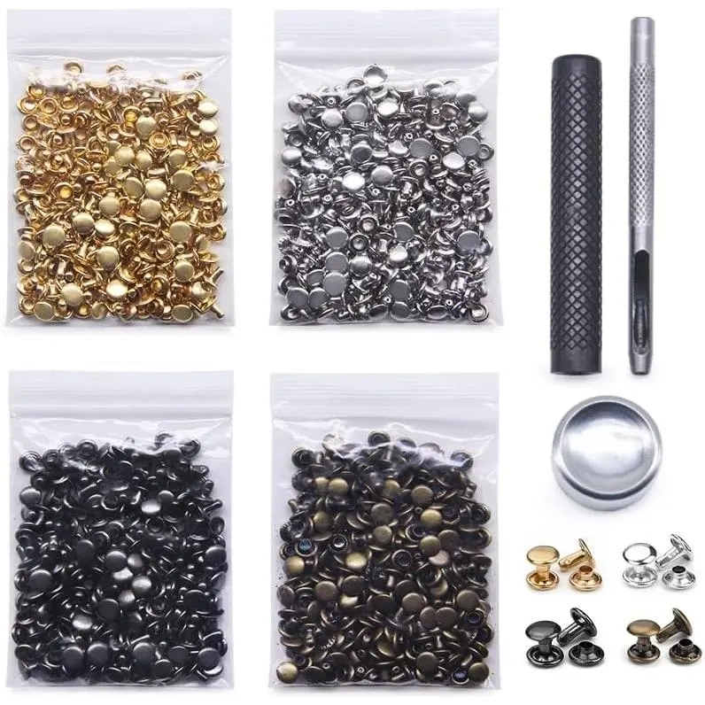 400 Sets 5mm Double Cap Tubular Leather Rivets, 4 Colors Metal Studs with Fixing Tools for DIY Leather Craft Clothes Shoes Bags Belts Repair & Decoration (5x5mm)