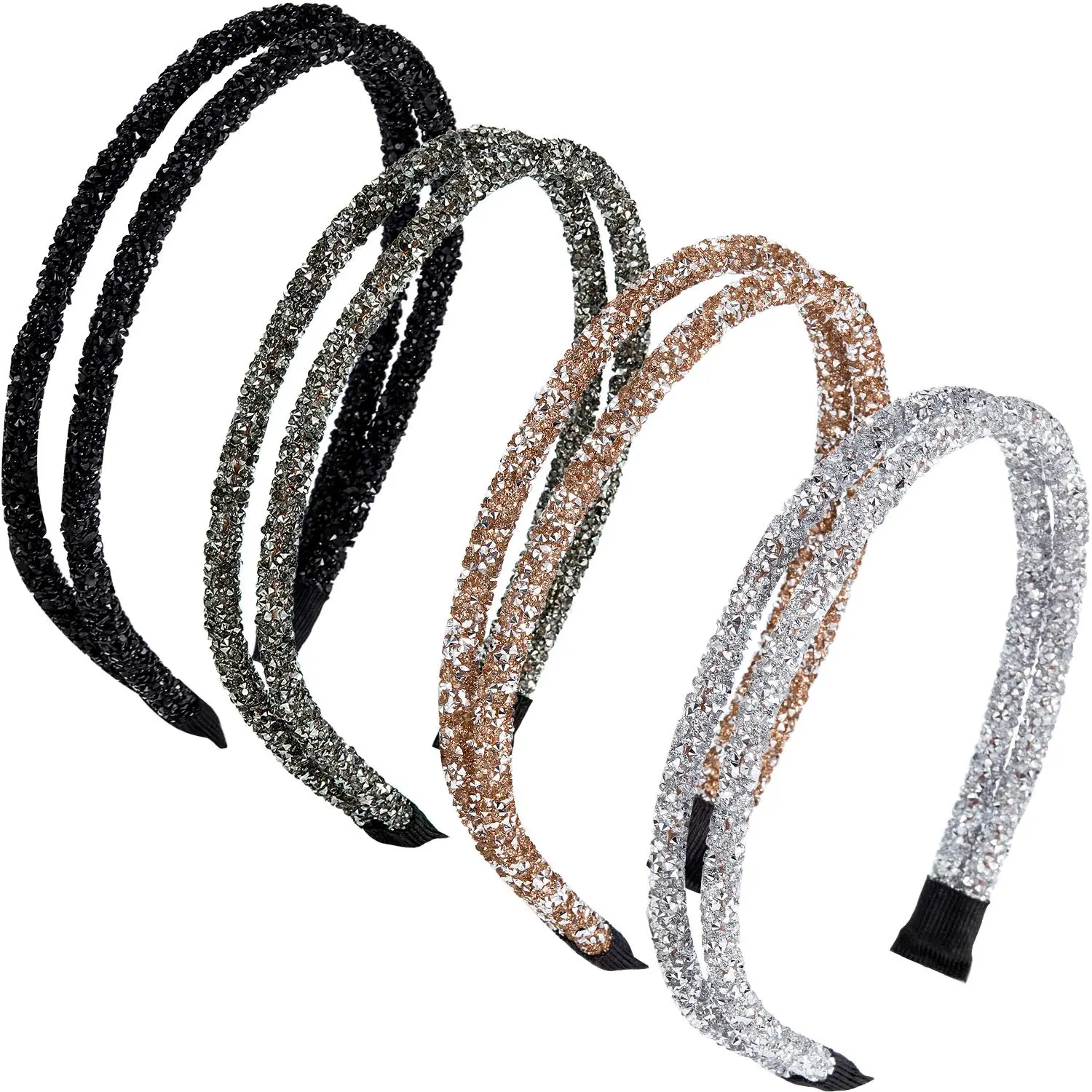 4 count Rhinestone Hair Band Double  Side Band Imitation   Hoop Headband Thin Headband for Women Hair Accessory(Black, Grey, , Champagne)