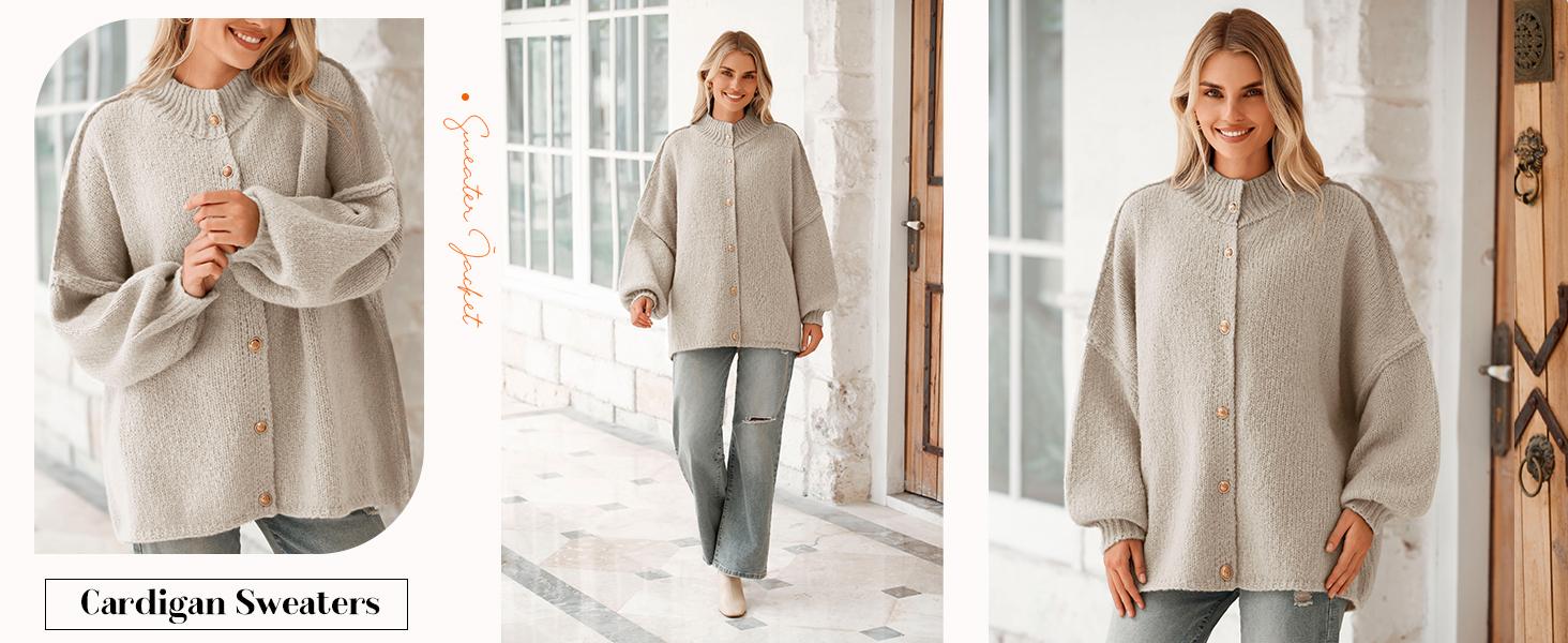 Saodimallsu Womens Oversized Cardigans Long Lantern Sleeve Button Down Chunky Knit Loose Fall Sweater Coats