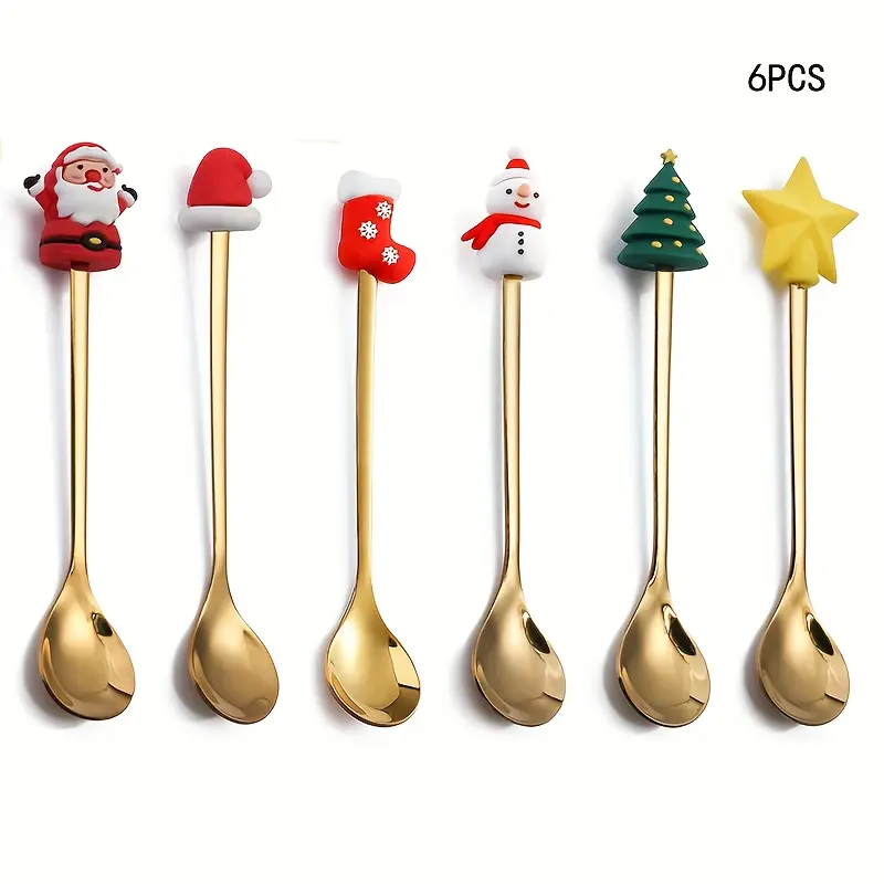 6pcs Christmas Coffee Spoons, Q Version Character Coffee Spoon Tea Set, Stainless Steel Mixing Christmas Teaspoons, Creative Christmas Spoons