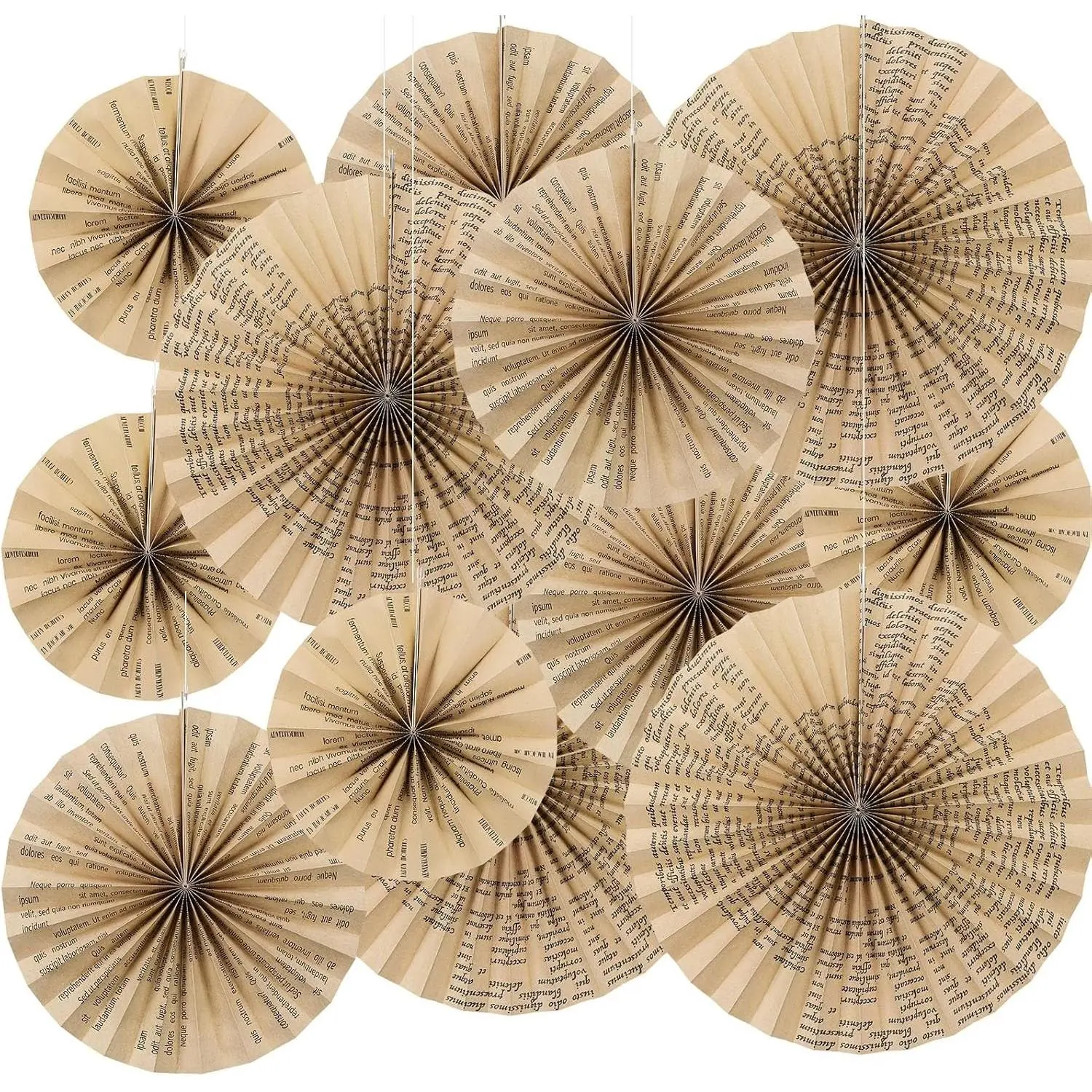 12 Pcs Vintage Book Hanging Paper Fans 8'' 12'' 16'' Vintage Pages Book Paper Fans Set Round Kraft Newspaper Hanging Ornaments Decorations for Library Club Birthday Wedding Events Party