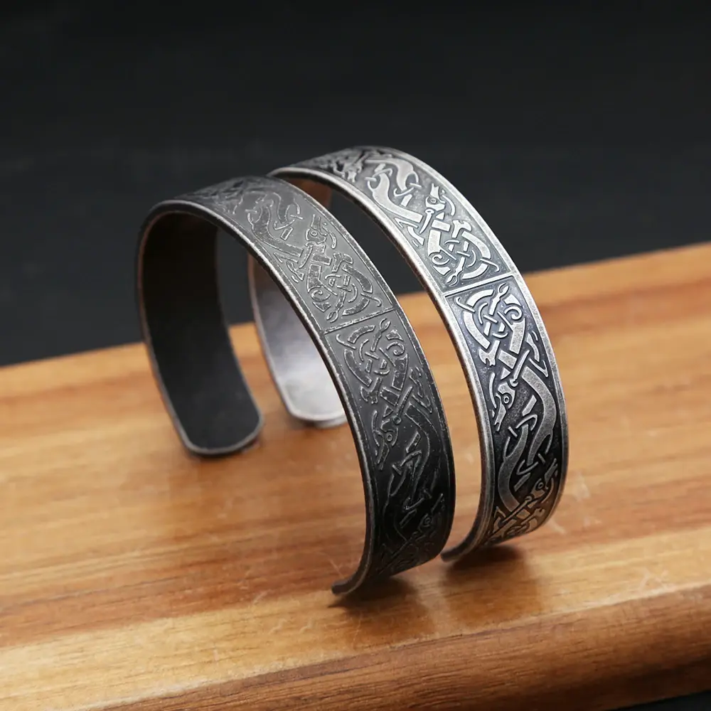 Unisex Lightweight Round Stainless Steel Viking Dragon Totems Open-Cuff Bangle - Adjustable Norse Punk Jewelry for Weddings, Special Events