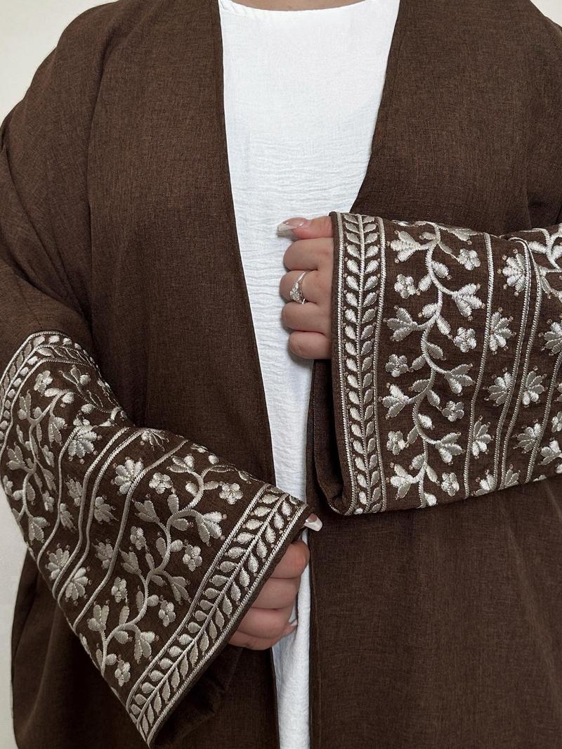 Women's Floral Embroidery Ethnic Pattern Open Abaya Cardigan with Pocket Round Neck Batwing Dress, Casual Modesty Long Sleeve Long Dress for Daily Wear, Modesty Muslim Clothing, Women's Islamic Clothing for All Seasons
