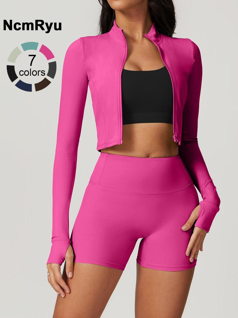 Women's high elastic soft standing neck zipper waist length shaping jacket high waist beautiful buttocks shorts yoga suit set Fitness Outfits Outdoor Running Cycling, Mountaineering Strolling Set Gym Sports Training Fashion Coat Shorts