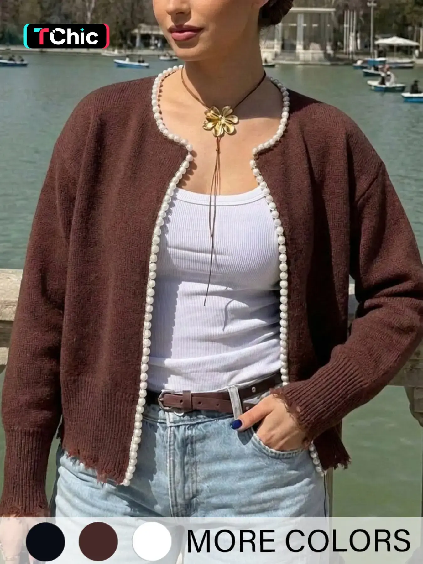 Women's Solid Faux Pearl Decor Drop Shoulder Cardigan, Casual Long Sleeve Open Front Knitwear for Fall & Winter, Fashion Women's Knit Clothing for Daily Wear