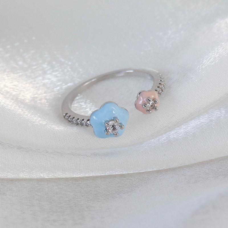 Spring and summer macaron-colored oil-drip flower heart ring with zircon inlay, open niche ring for women, personalized index finger ring