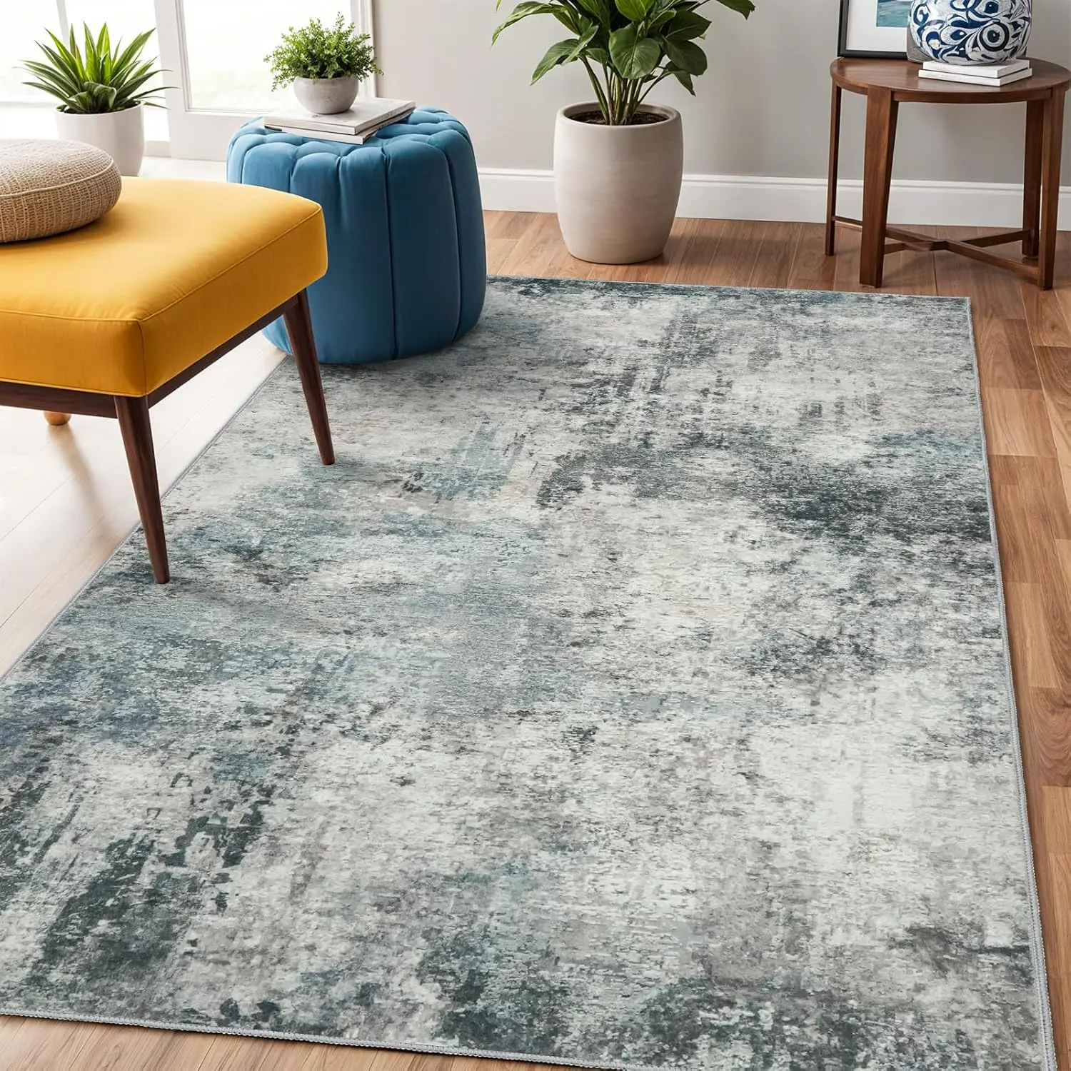Washable Area Rug 3x5 - Rugs for Living Room Large Non Slip Indoor Entryway Backing Carpet Bedroom Distressed Stain Resistant Decor Mat Machine Washable 3x5 Blue