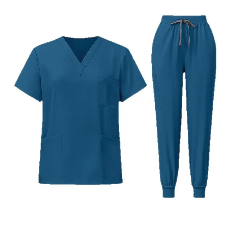 Solid Color Lapel Collar Short Sleeve Scrubs Set, Nurse Work Uniform with Tapered Jogger Pants, Professional Work wear for Hospital Beauty Salon Bathhouse