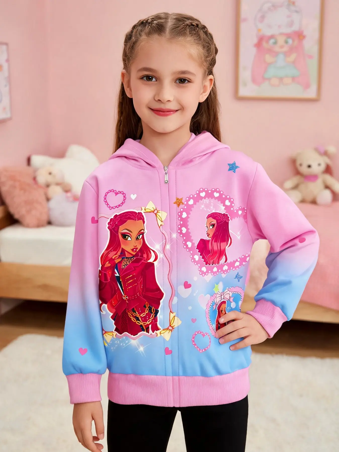 RED Cute Magic Princess Print Hooded Zipper Jacket, Comfortable Soft Four Seasons Wear, Must-Have for Movie Fans, Stylish Outerwear