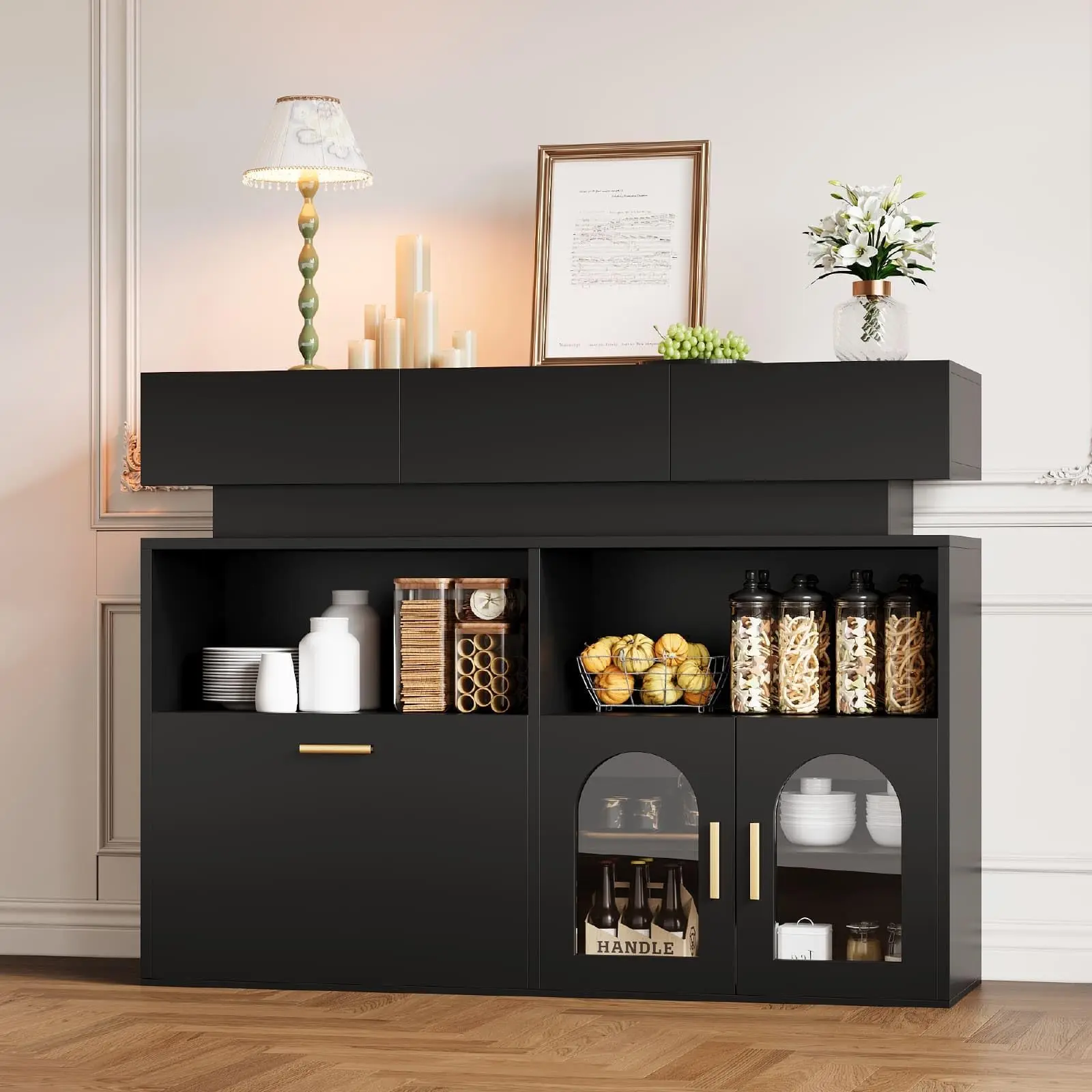 Modern Rectangular Storage Buffet Sideboard Cabinet - Single Unit, 3 Drawers, Adjustable Shelf, Sturdy Base, Spacious Size Credenza for Kitchen, Dining Room (Contemporary Home Decor Indoor Furniture Cupboard), Wood Finish