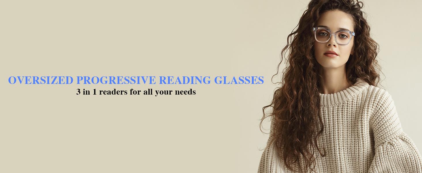 Progressive Multifocus Reading Glasses for Women Men Oversized Anti Blue Light Blocking Readers Square Eyeglasses