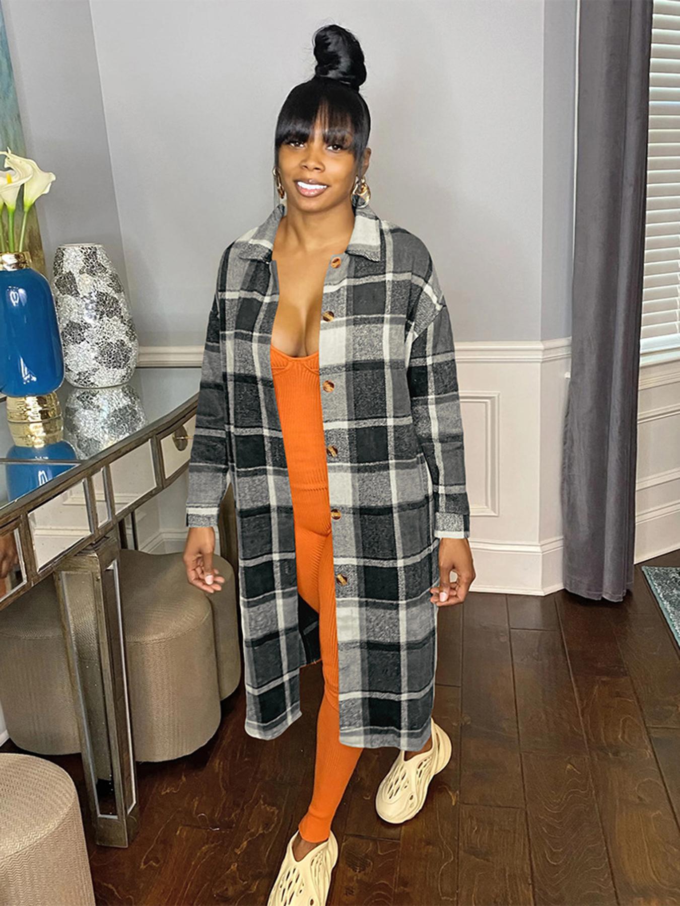 Women's Plaid Print Button Front Split Hem Overcoat Jackets, Casual Drop Shoulder Long Sleeve Collared Coat for Fall & Winter, Women's Clothing for Daily Wear