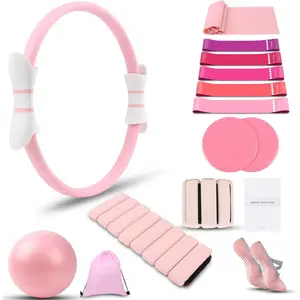 16 count  Pilates Ring and Ball Set for Women with 15" Magic Circle,  Pilates Equipment Kit with Adjustable 1LB Ankle Wrist Weight, Resistance Band, Gliding Discs, Pilates Essentials Accessories