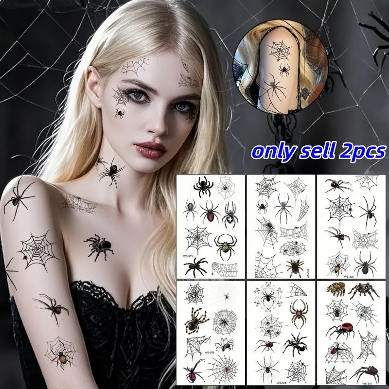 2-Pack Halloween Waterproof Sweat-Resistant Easy 3D Spider Tattoo Stickers, Spider Web Halloween Tattoos, Perfect for Party Atmosphere Decor