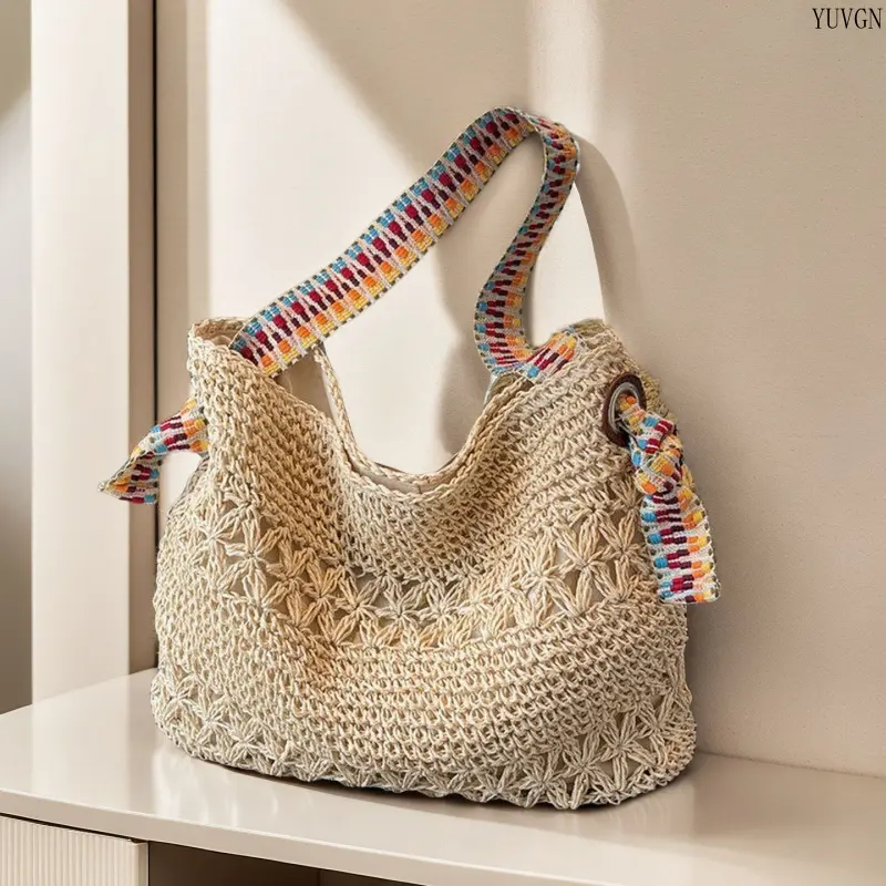 Women's Floral Crochet Bag - Hobo Shape, Large Size Shoulder Tote with Hollow-Out Design, Colorful Wide Strap for Daily Shopping, Vacation (Sports & Outdoor Gym Accessory), Shoulder Bag