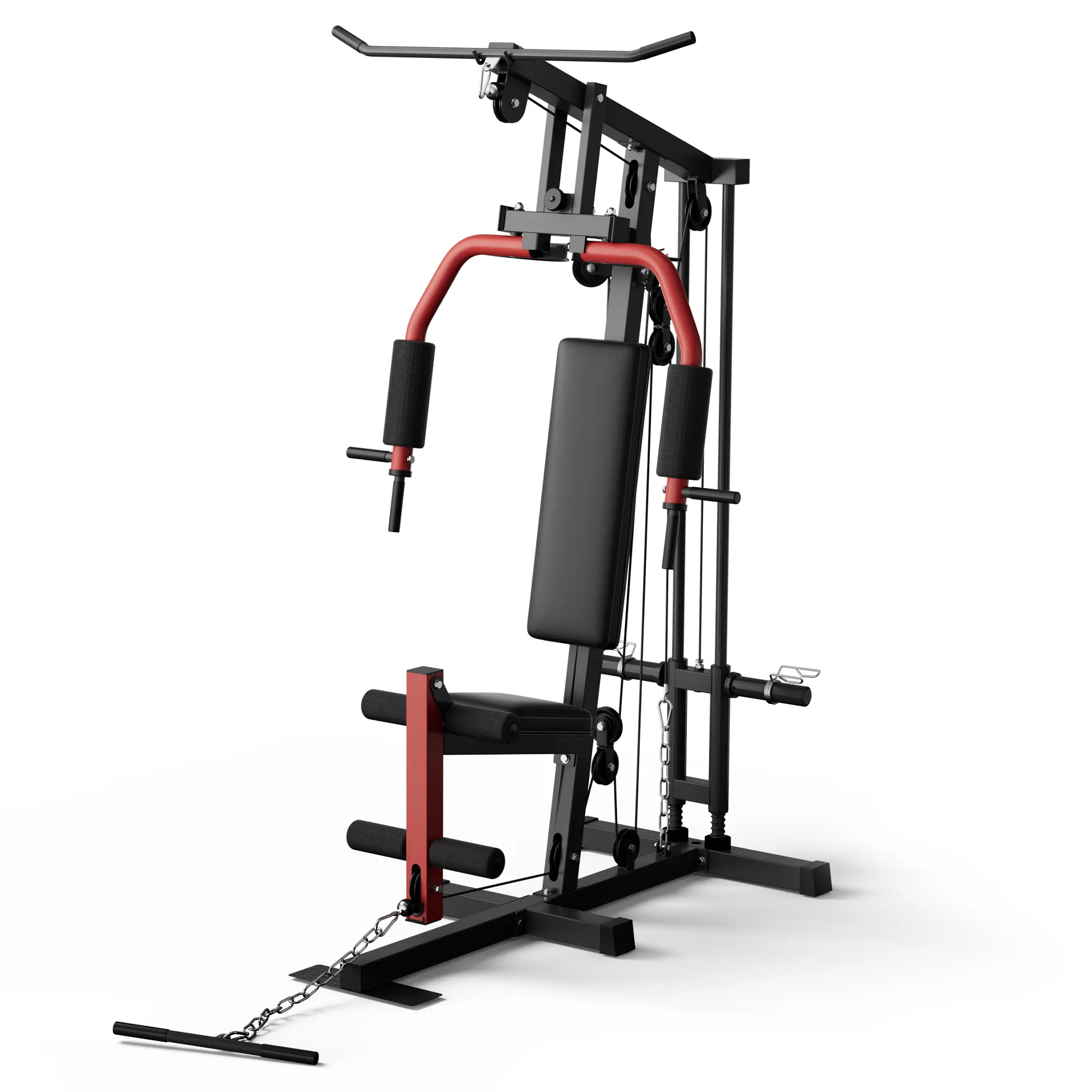 Multifunctional Full Body Home Gym Workout Station, All-in-1 Strength Training Equipment with Preacher Curl Pad, Leg Developer & Dual Pulley System, Compatible with 1 in & 2 in Weight Plates, Red & Black Home Fitness Machine