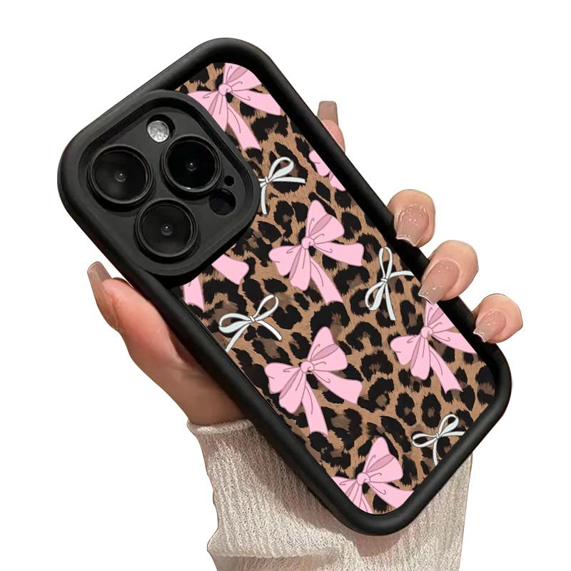 Case for iPhone 17 Pro Max 16 Plus 15 14 13 12 11 Air E Fashion Bowknot Leopard Pattern  Drop Protection Shockproof Soft Silicone smartphone Cover