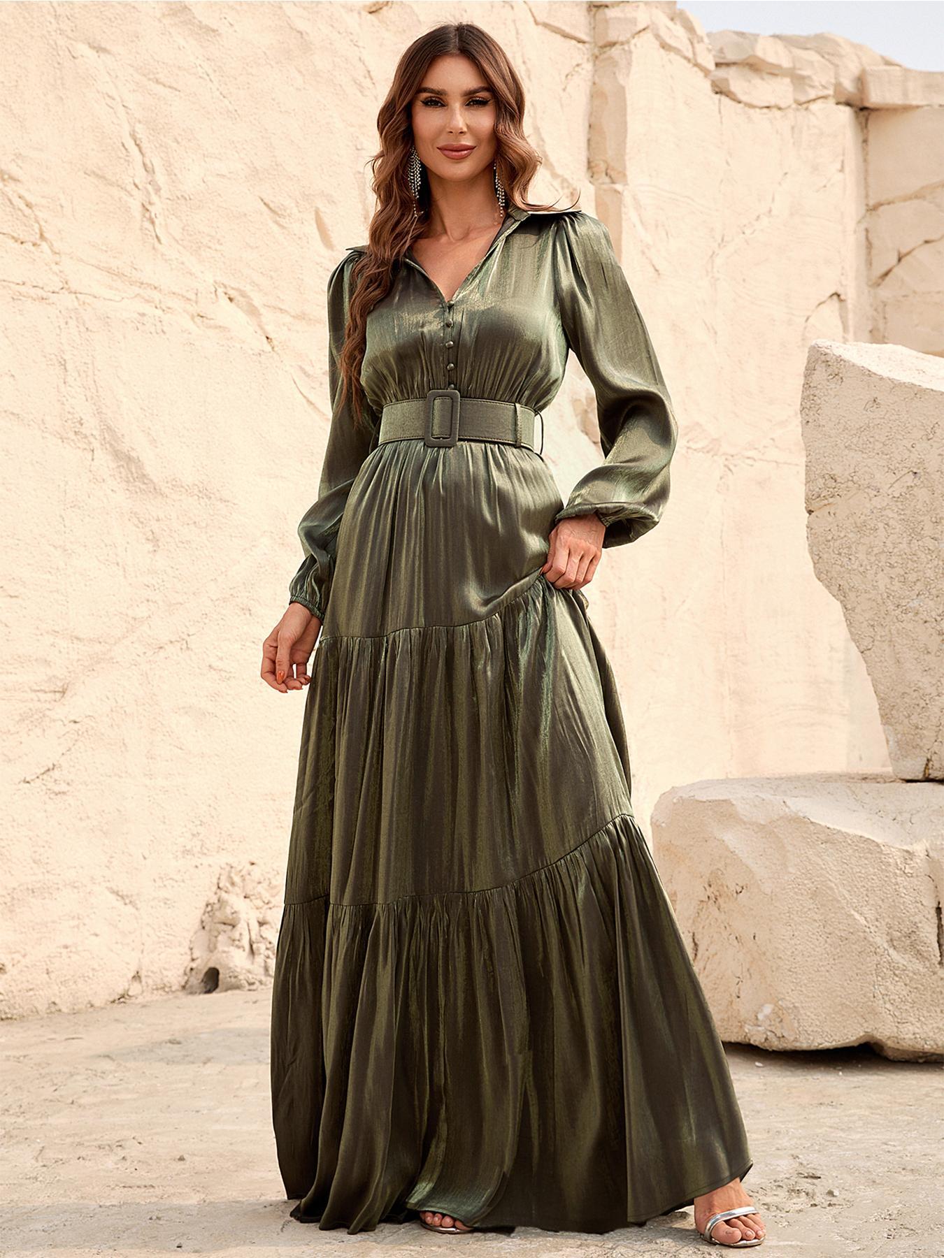 Women's Plain Buttons Belted Bishop Long Sleeve Vintage Chiffon Dress, Casual Wear, Christmas Party Dress, Elegant Collared Maxi Dress for Party Banquet Prom, Formal Dresses for Women, Ladies Fall & Winter Clothes