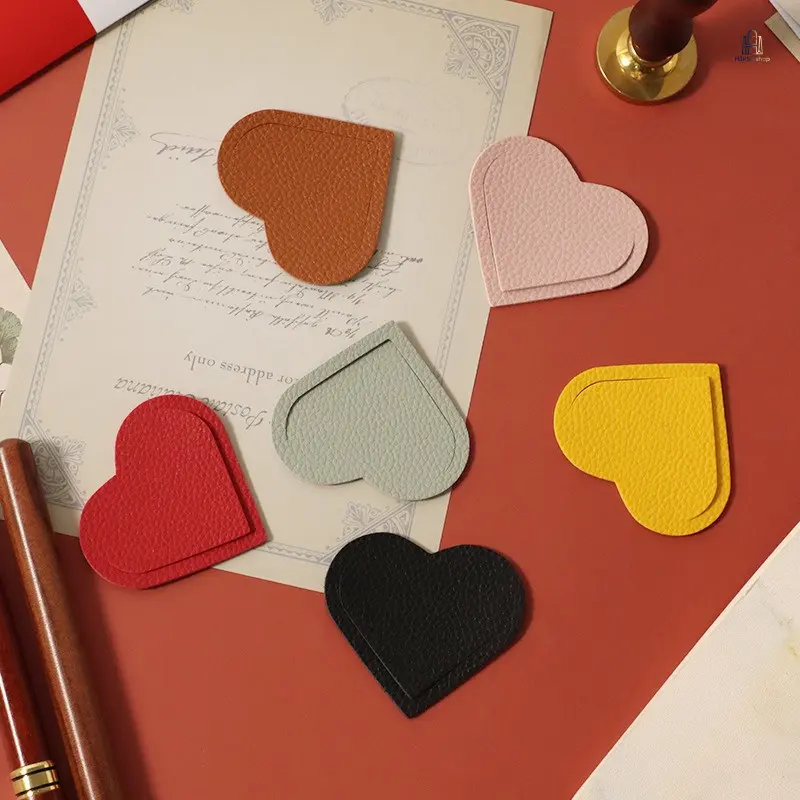 Cute Heart-Shaped Soft PU Leather Page Markers - Clip-Style Hold Book Clips for Books/Magazines, Portable Minimalist Creative Stationery for Students/Office Users, Readers, Book Lovers