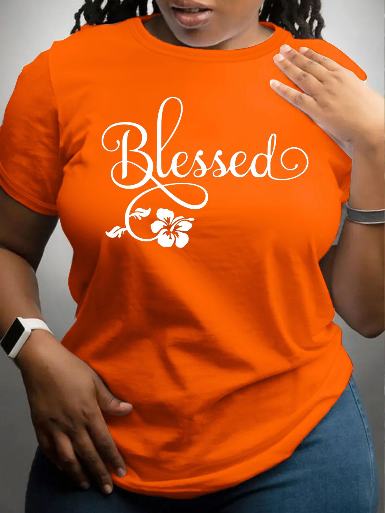 【Plus Size】 Letter & Flower Print Round Neck Tee, Casual Short Sleeve Crew Neck T-Shirt for Daily Wear, Women Plus Clothing for All Seasons