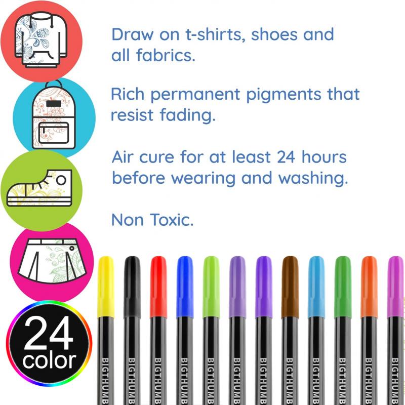 Fabric Markers Permanent For Clothes, 24 Colors Fabric Pens - Waterproof & Machine Washable, No Bleed Pens for T-Shirt, Canvas Shoes, Bags, Pillowcase, Fine Tip Clothing Markers for Laundry Marker, Drawing Markers