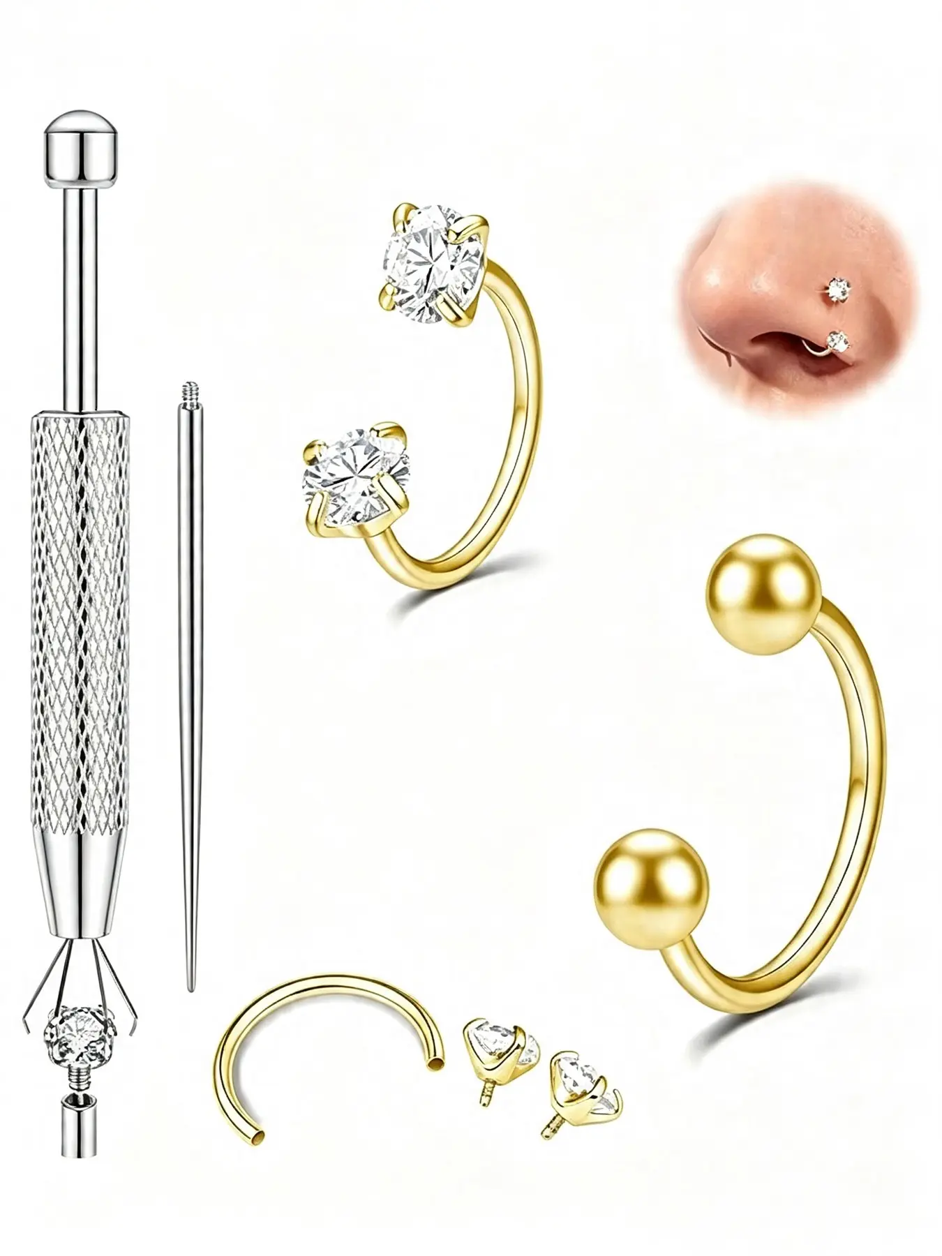 316L Surgical Steel Nose & Ear Piercing Kit with Piercing Grabber Tool & Insertion Taper, Gold Horseshoe Septum Rings, Multicolor Clear CZ Nose Studs, Hypoallergenic Reusable Jewelry for Nostril Helix Rook Tragus Cartilage Piercing for Women