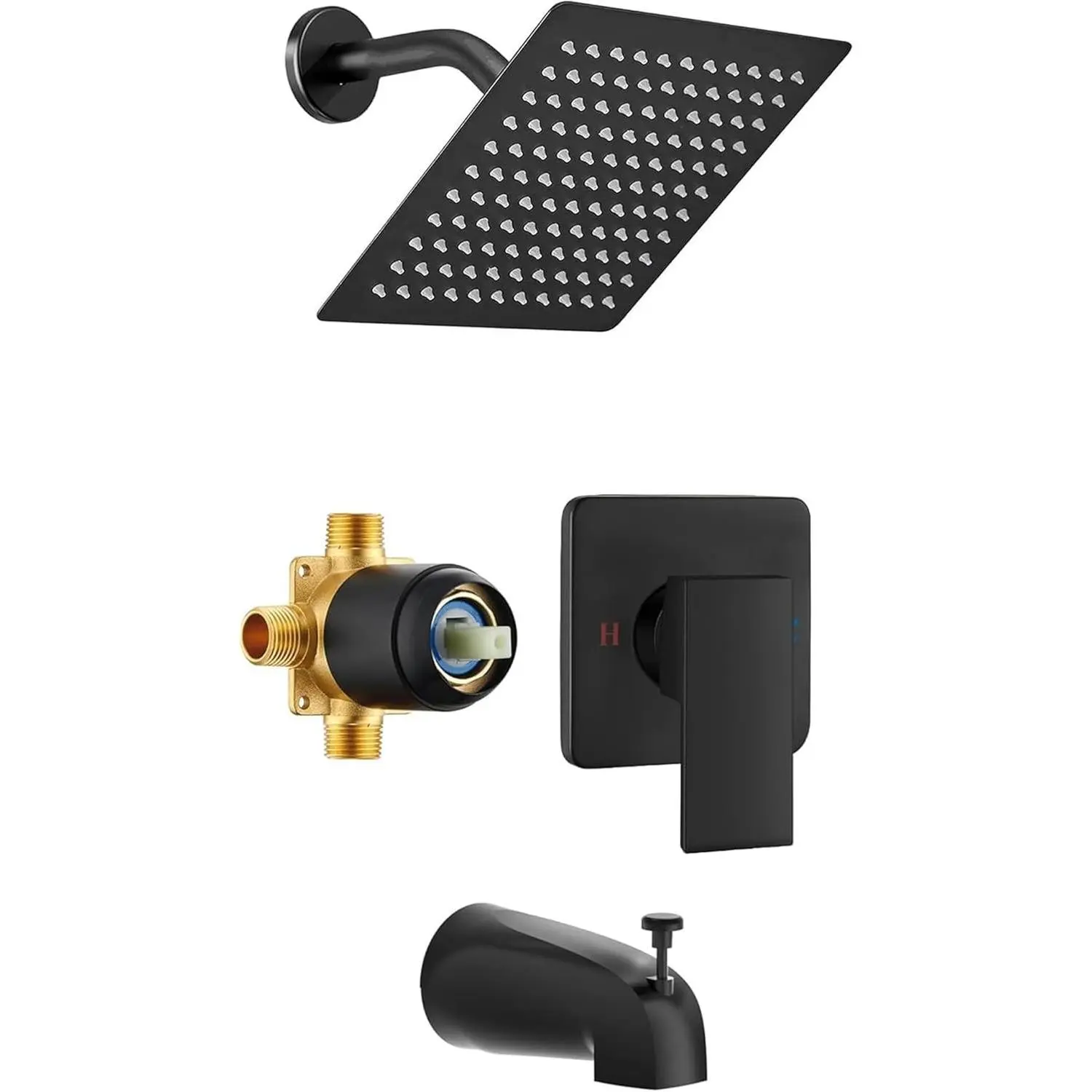 Shower Faucet Set with Tub Spout, 8 Inch Square Wall Mounted Rainfall Shower Head with Rough-in Valve Body, Bathroom Shower Trim Kit Single Function RV Shower System (Matte Black)