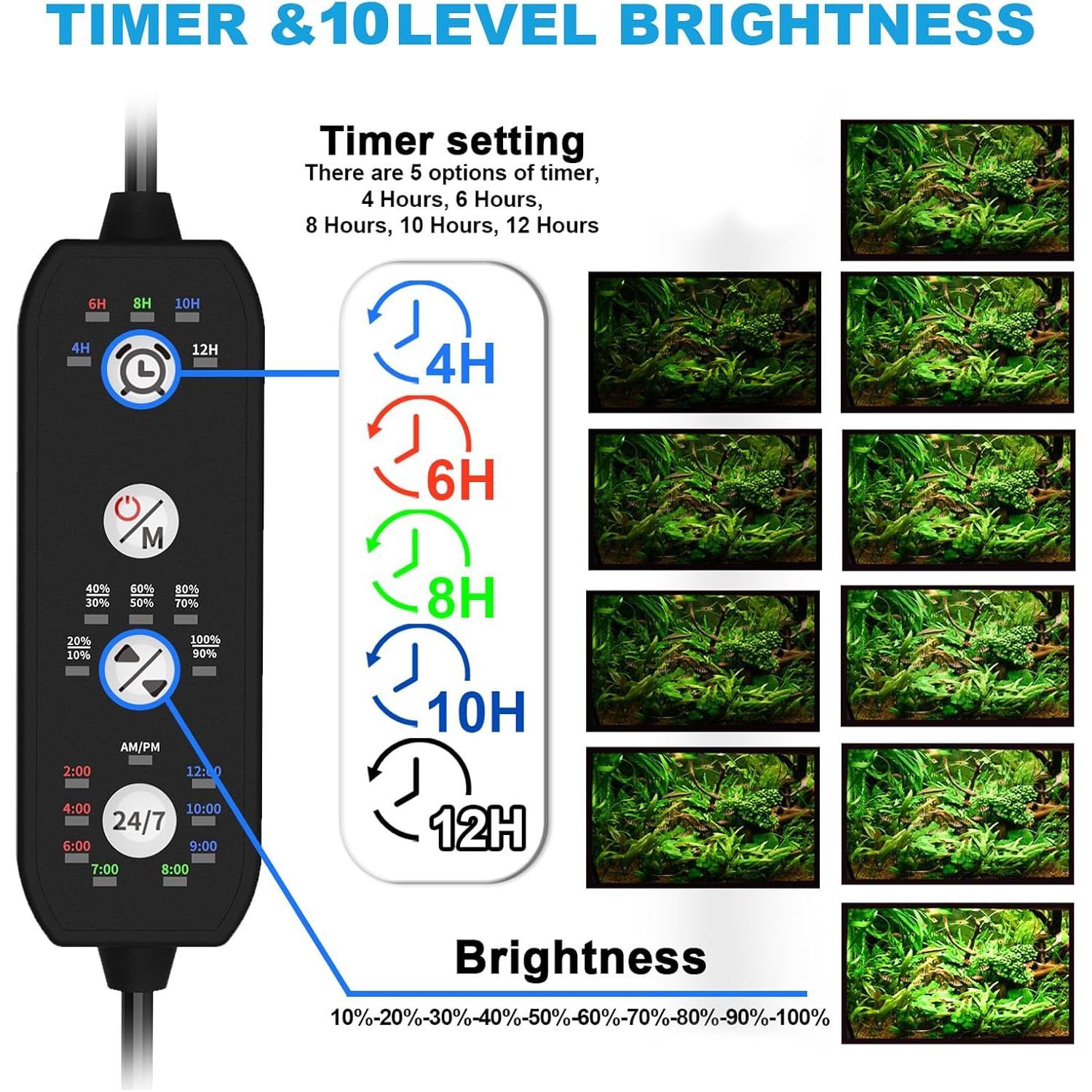 24/7 Mode Led Aquarium Light for  Growth-Full Spectrum Fish Tank Light with Timer, Auto On/Off, 7 Colors, Adjustable Brightness, 14W for 12 to 18 Inch Freshwater Tank