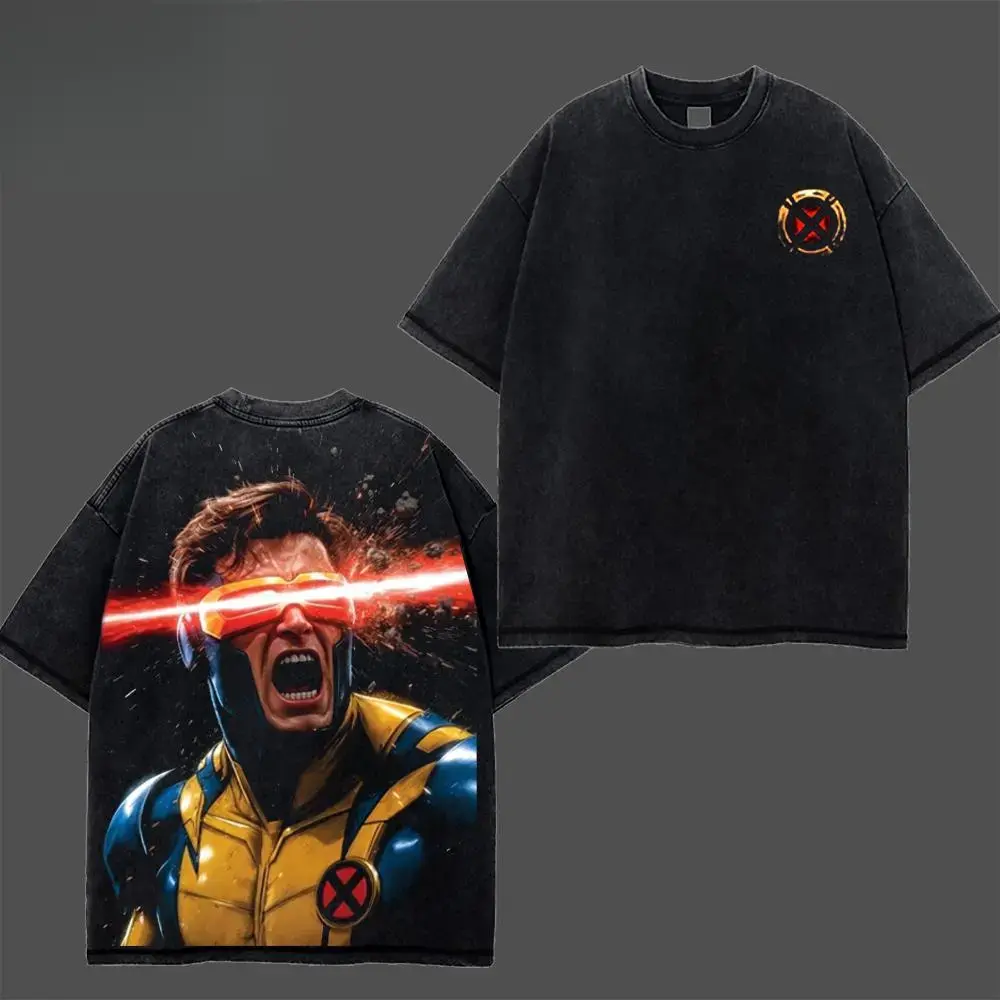 X-Men Cyclops Fan Tee, Glowing X Circle Team Symbol Front Laser Blast Cyclops Bust Portrait Back Dual Print Vintage Washed Heavy Cotton Unisex Short Sleeve