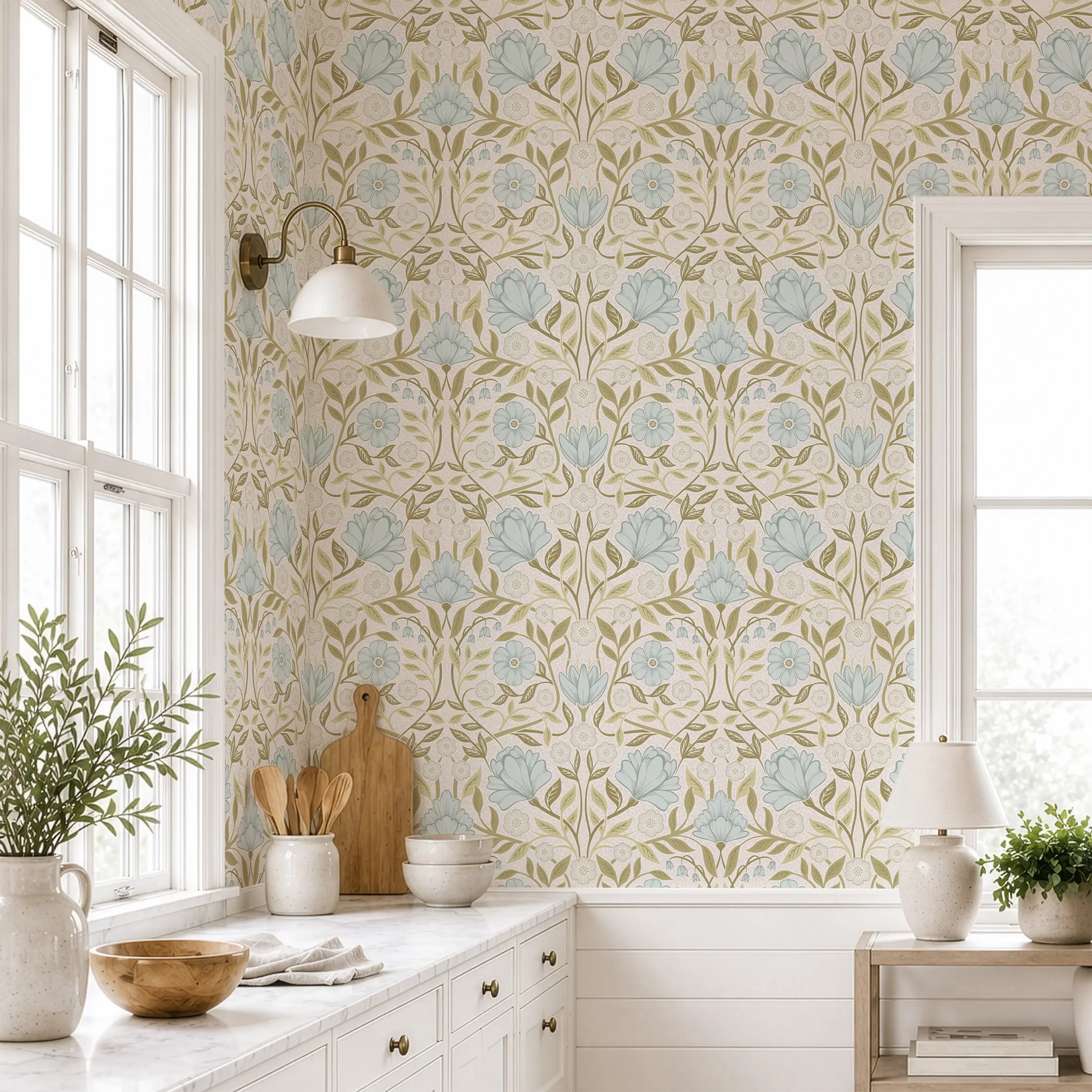 Vintage Hand-Drawn Floral Wallpaper Peel and Stick, Blue/ Countryside Style, Self-Adhesive Waterproof Removable, Easy Install for Bedroom, Living Room, Desk