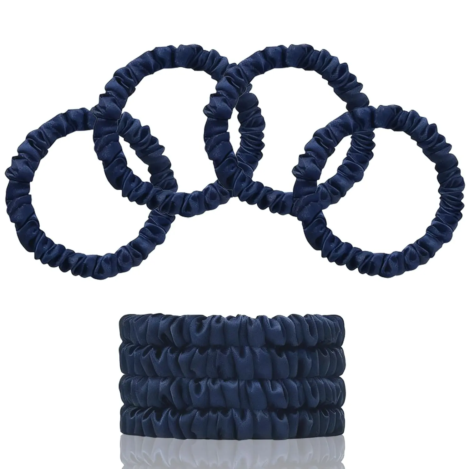 Women's 22 Momme 100% Pure Mulberry Silk Scrunchies (4 PCS) - Small No-Damage Hair Elastics, Sleep Hair Care Accessories, Navy Blue